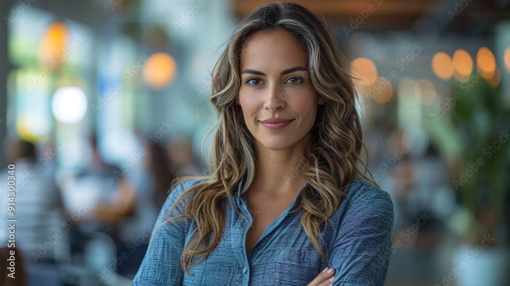 A confident woman with long hair stands smiling in a busy café, dressed in a blue shirt, surrounded by patrons enjoying their time A confident woman with long hair stands smiling in a busy café, dressed in a blue shirt, surrounded by patrons enjoying their time
