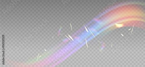 Iridescent crystal leak glare reflection effect. Optical wavy rainbow ray lights, glare, leak, streak overlay. Vector colorful lenses and light flares with transparent effects on light background.