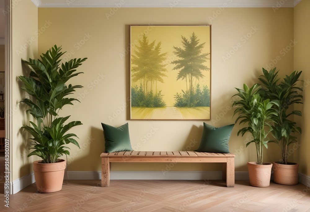 Interior of a living room with A framed landscape painting hanging on a yellow wall, with a wooden bench and a potted plant in the foreground Interior of a living room with A framed landscape painting hanging on a yellow wall, with a wooden bench and a potted plant in the foreground