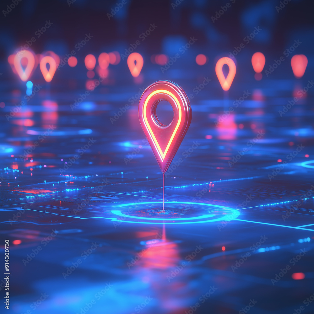 Digital map with glowing neon location markers on a dark futuristic grid background