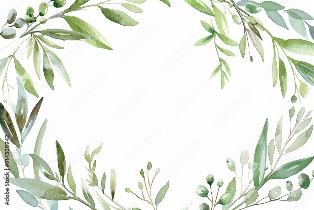 Elegant watercolor leafy frame with green leaves and branches, perfect for invitations, greeting cards, and nature-themed designs. Elegant watercolor leafy frame with green leaves and branches, perfect for invitations, greeting cards, and nature-themed designs.