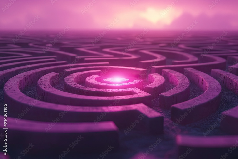 A mesmerizing view of a purple maze leading to a glowing center, evoking mystery and intrigue in a surreal landscape. A mesmerizing view of a purple maze leading to a glowing center, evoking mystery and intrigue in a surreal landscape.