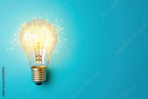 Sparkling light bulb on blue background representing innovation ideas