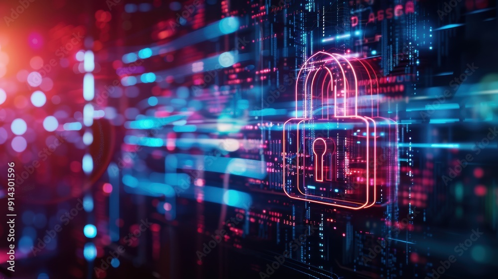 Symbolizing cybersecurity, data protection, and information security, a glowing digital padlock is set amidst a vibrant network of circuits. Symbolizing cybersecurity, data protection, and information security, a glowing digital padlock is set amidst a vibrant network of circuits.