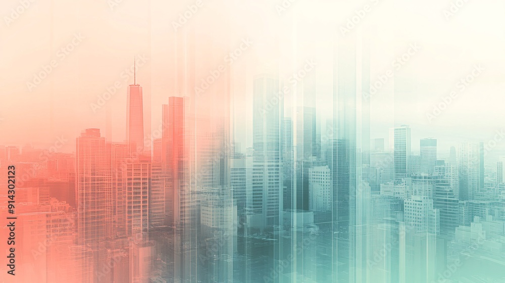 Pastel-toned abstract cityscape showcasing geometric buildings and a minimal urban design Stock Photo with copy space