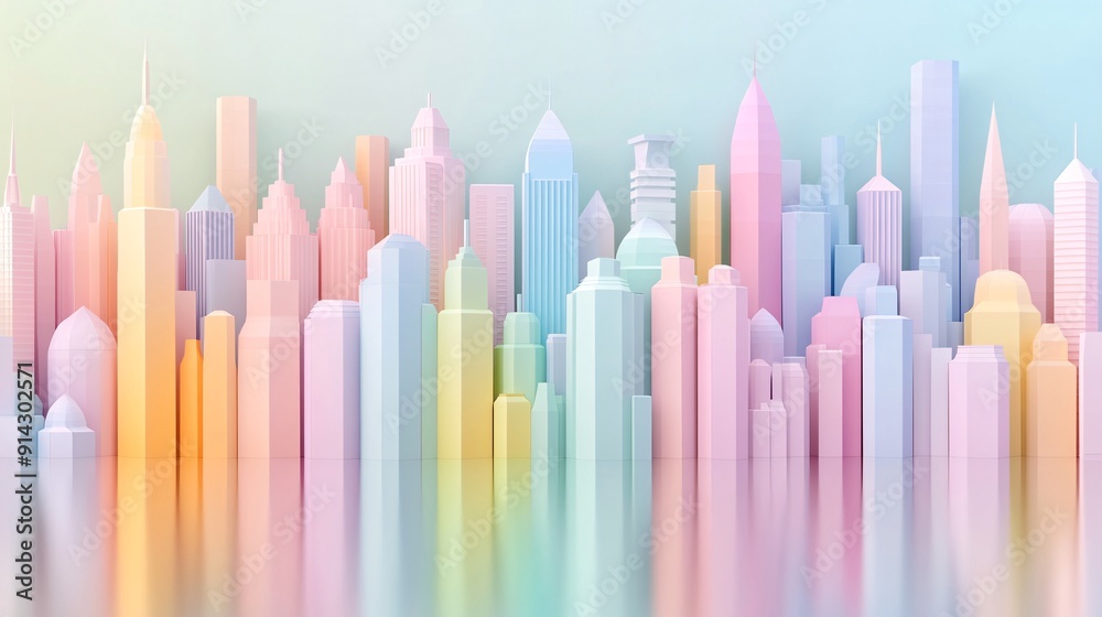 Geometric buildings in an abstract cityscape with pastel hues creating a minimalist urban scene Stock Photo with copy space Geometric buildings in an abstract cityscape with pastel hues creating a minimalist urban scene Stock Photo with copy space