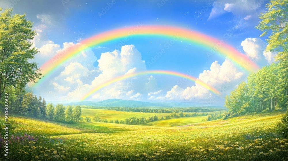 Double rainbow over a serene landscape, with fields and trees under a sunny sky Double rainbow over a serene landscape, with fields and trees under a sunny sky