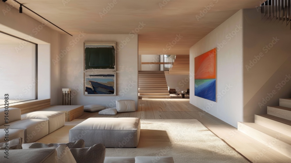 Fototapeta premium Modern living room with a minimalist design, featuring furniture like sofas and ottomans, and artworks on the walls