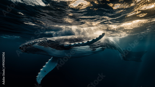 Humpback whale swimming gracefully beneath the ocean surface during a serene underwater environment photo