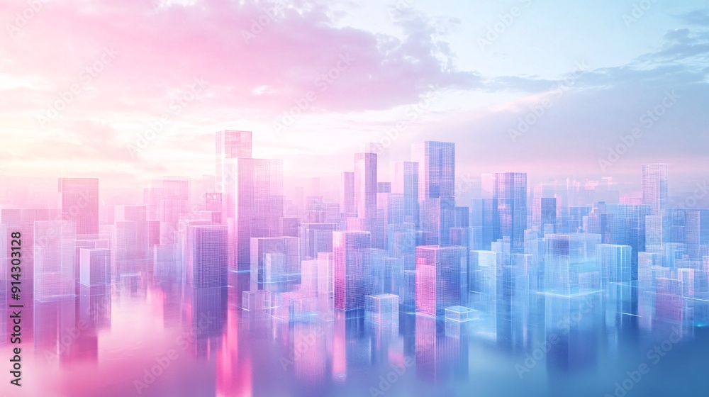 Modern minimalist cityscape with geometric buildings and pastel colors creating an abstract urban environment Stock Photo with copy space