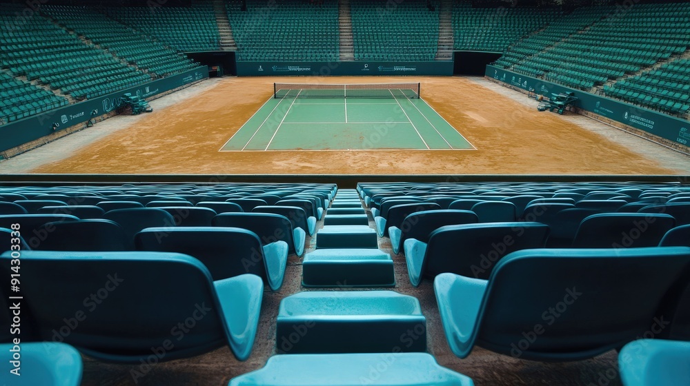 Obraz premium Empty seats in a tennis stadium, with a clean court ready for a match