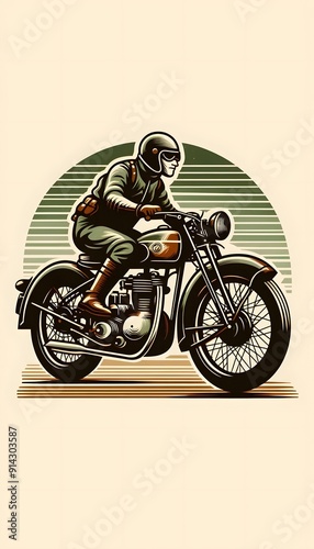 Vintage biker in a vintage motorcycle illustration