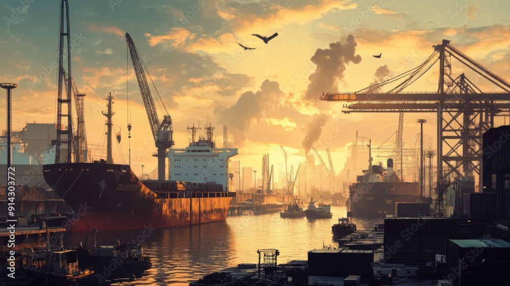 Obraz premium Industrial port with cargo ships docked, cranes idle, and no workers around