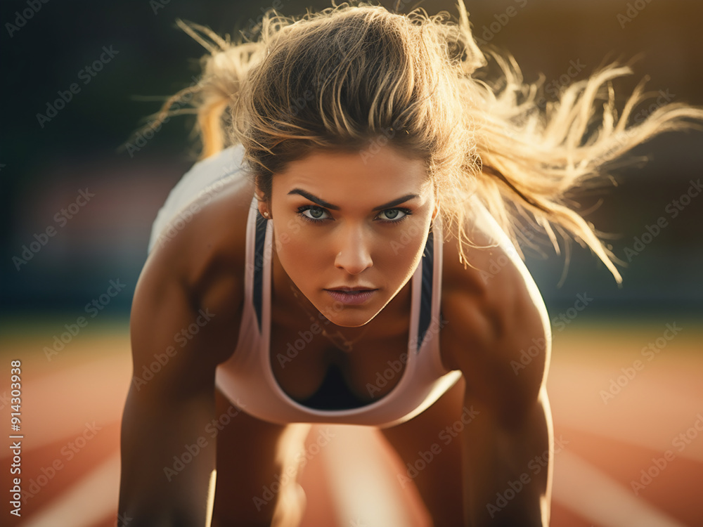 Woman set to start a sprint in athletics, ready on the track