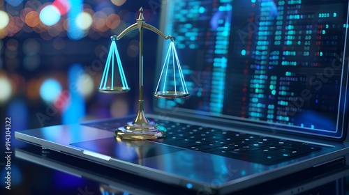 Laptop computer with legal law scale information and regulations for company and corporate trade license registration and court governance compliance for online and modern business