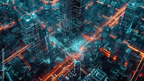 Wallpaper Mural Futuristic Cityscape with Glowing Lines Torontodigital.ca