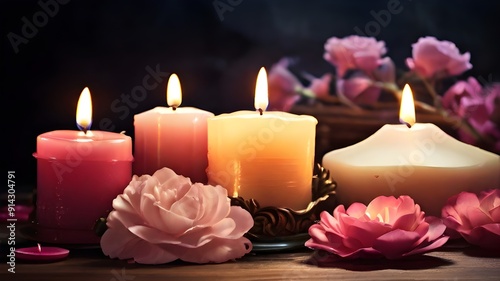 Burning in dark candles with beautiful flowers.