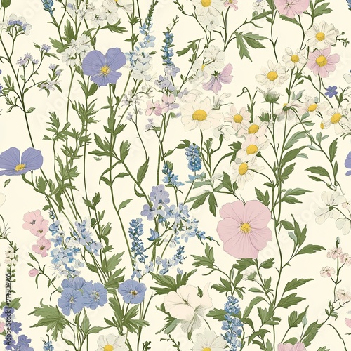 A seamless pattern featuring a mix of wildflowers in soft pastel colors