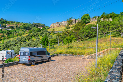 Motorhome aire Parque de autocaravanas next to Braganca castle Portugal north east of the country in the Terras de Trás-os-Montes