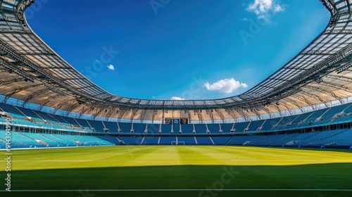 Panoramic view of an empty soccer stadium under a clear blue sky, showcasing its grandeur