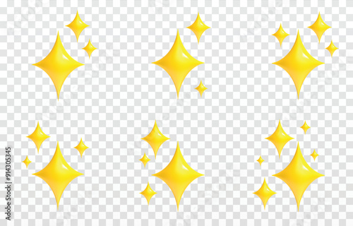 Shining stars emoji Sparkles golden 3d style star icon twinkle social media platform symbol Yellow cartoon glittering abstract element vector set.
