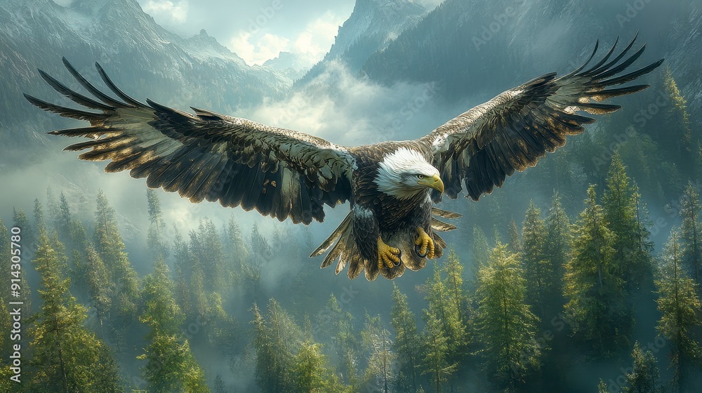 Majestic eagle soaring above a forest, high quality Majestic eagle soaring above a forest, high quality