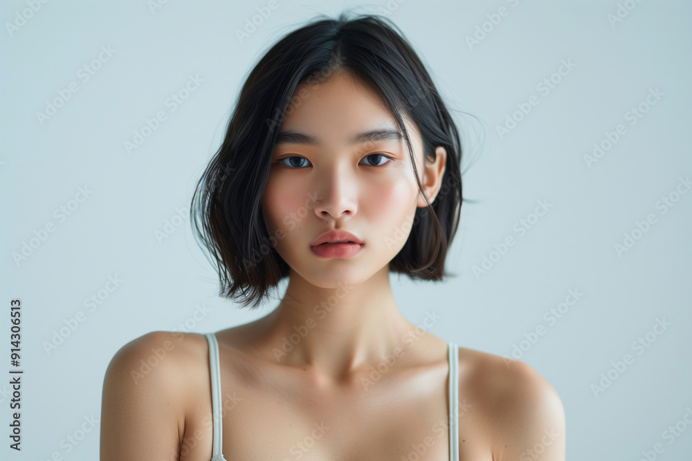 Asian girl with a short bob hairstyle in a clean white isolated studio background, well lit lightning, wearing a sleek sport bra, sport product photoshoot Asian girl with a short bob hairstyle in a clean white isolated studio background, well lit lightning, wearing a sleek sport bra, sport product photoshoot