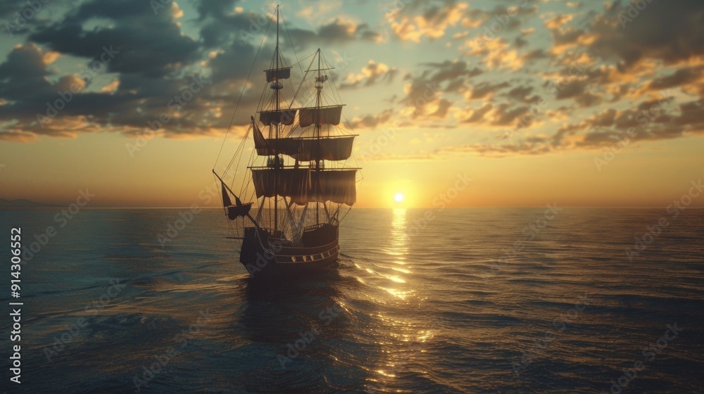 A serene sunset scene with a wooden ship at sea. The ship's sails are down, bathed in golden light, against a sky filled with clouds. A serene sunset scene with a wooden ship at sea. The ship's sails are down, bathed in golden light, against a sky filled with clouds.