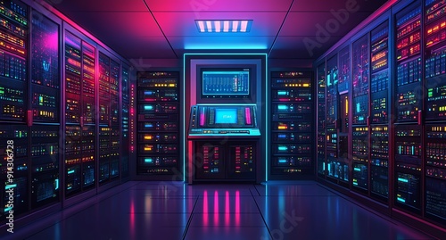 Neon-Lit Server Room with Rows of Data Racks and Monitors