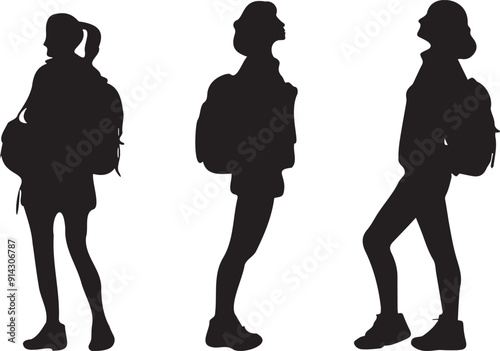 Silhouettes of women tourists with backpacks on a transparent background