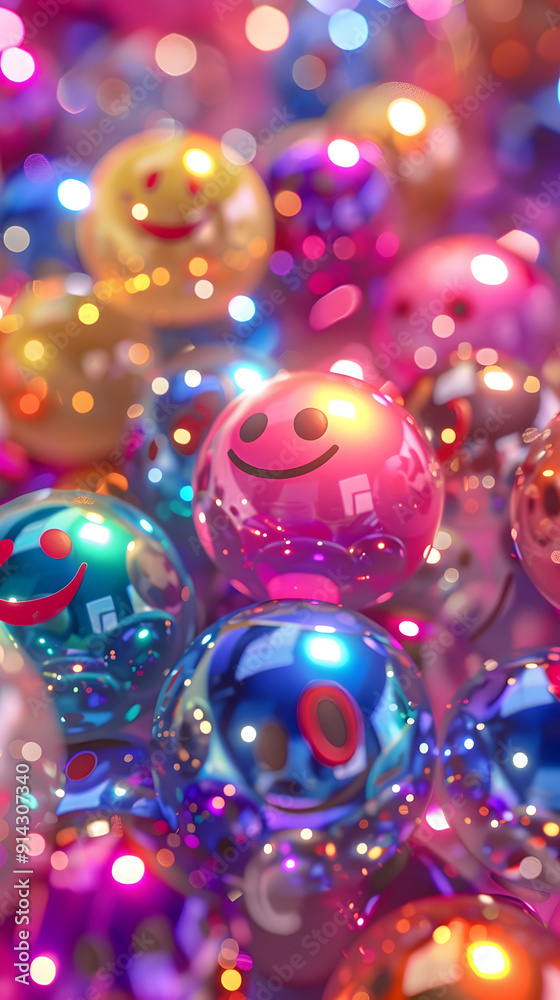A bunch of colorful, shiny, and reflective balls with smiling faces on them A bunch of colorful, shiny, and reflective balls with smiling faces on them