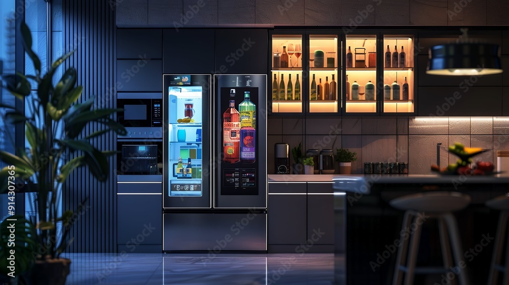 A futuristic kitchen with a refrigerator that has a screen on it. The refrigerator is connected to a computer and has a display technology concept. The kitchen is very modern A futuristic kitchen with a refrigerator that has a screen on it. The refrigerator is connected to a computer and has a display technology concept. The kitchen is very modern