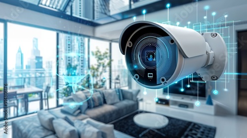 Modern Security Camera Overseeing and safety,Powerful Wi-Fi and Network Safeguard Enable Effective Management of Security Systems Rversee remote view with futuristic concept