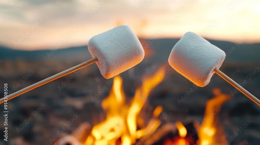Closeup of a campfire with marshmallows on sticks, dusk setting, cozy Labor Day night Closeup of a campfire with marshmallows on sticks, dusk setting, cozy Labor Day night