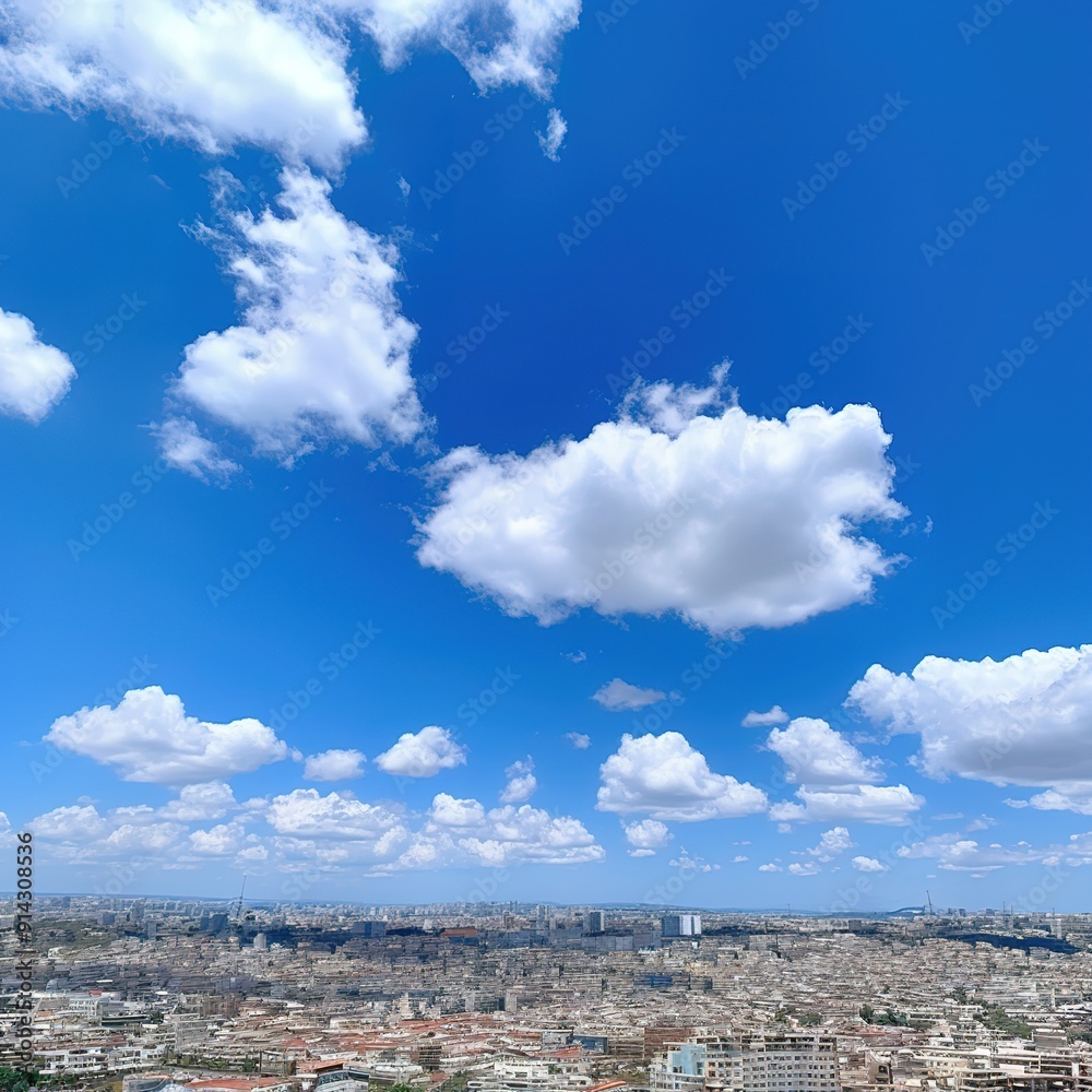 White puffy clouds against a bright blue sky above a sprawling city. White puffy clouds against a bright blue sky above a sprawling city.