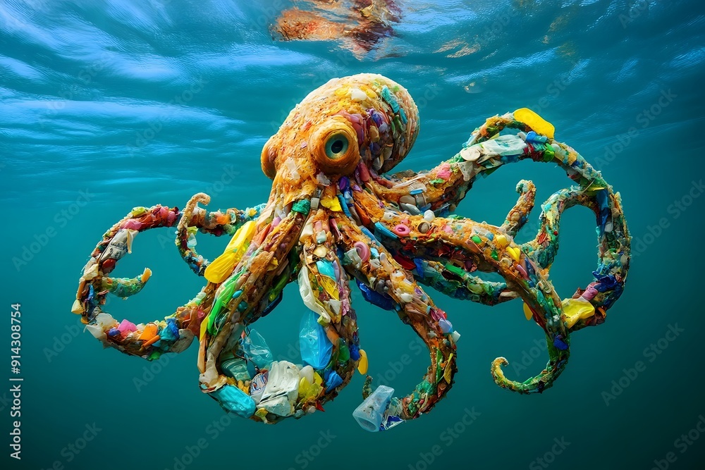 Naklejka premium Global ocean pollution, octopus in plastic garbage