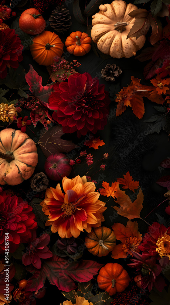 Fototapeta premium A close up of a colorful arrangement of flowers and pumpkins