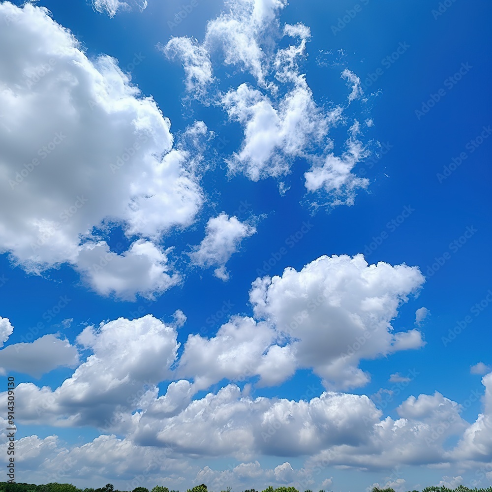 White puffy clouds scattered across a clear blue sky. White puffy clouds scattered across a clear blue sky.