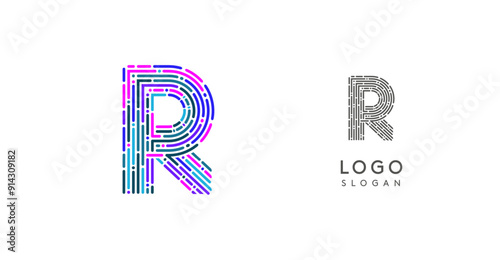Colorful abstract letter R logo design with futuristic circuit pattern. Ideal for tech companies, digital media, software, apps, networking, branding. Vector illustration.