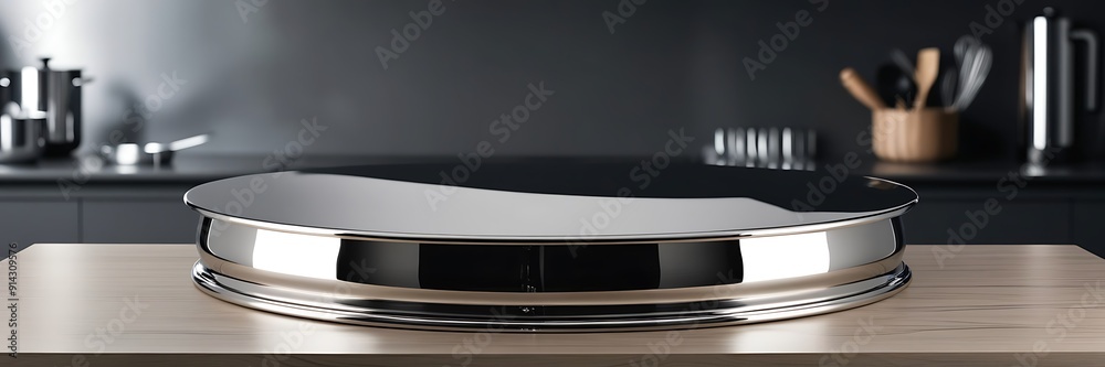 Steel podium with kitchen background Steel podium with kitchen background