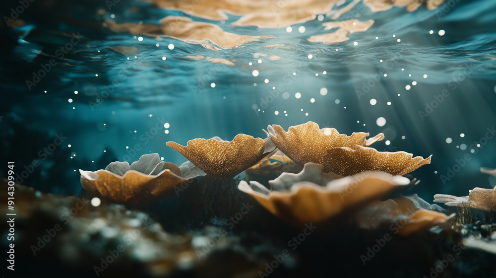 Fototapeta premium Coral reefs illuminated by sunlight under clear ocean waters, showcasing vibrant marine life and textures