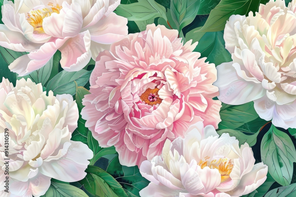 Closeup of blooming peonies with lush green foliage, showcasing vibrant pink and white petals in a natural setting. Closeup of blooming peonies with lush green foliage, showcasing vibrant pink and white petals in a natural setting.