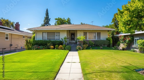 A charming single-family home with a well-maintained front yard