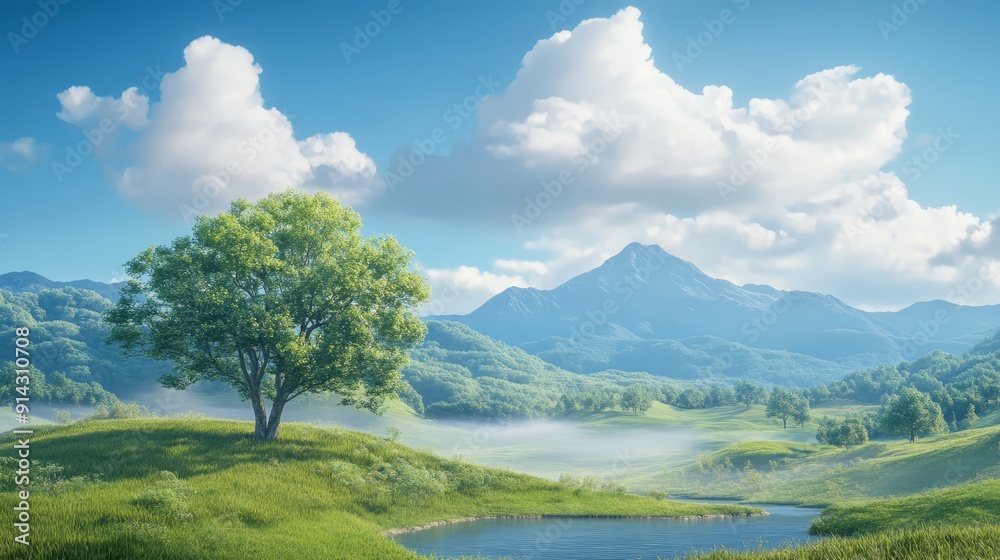 Peaceful Green Landscape with Tree and Mountains Peaceful Green Landscape with Tree and Mountains