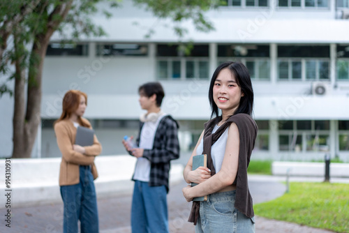 A girl is standing in front of a building with two other people