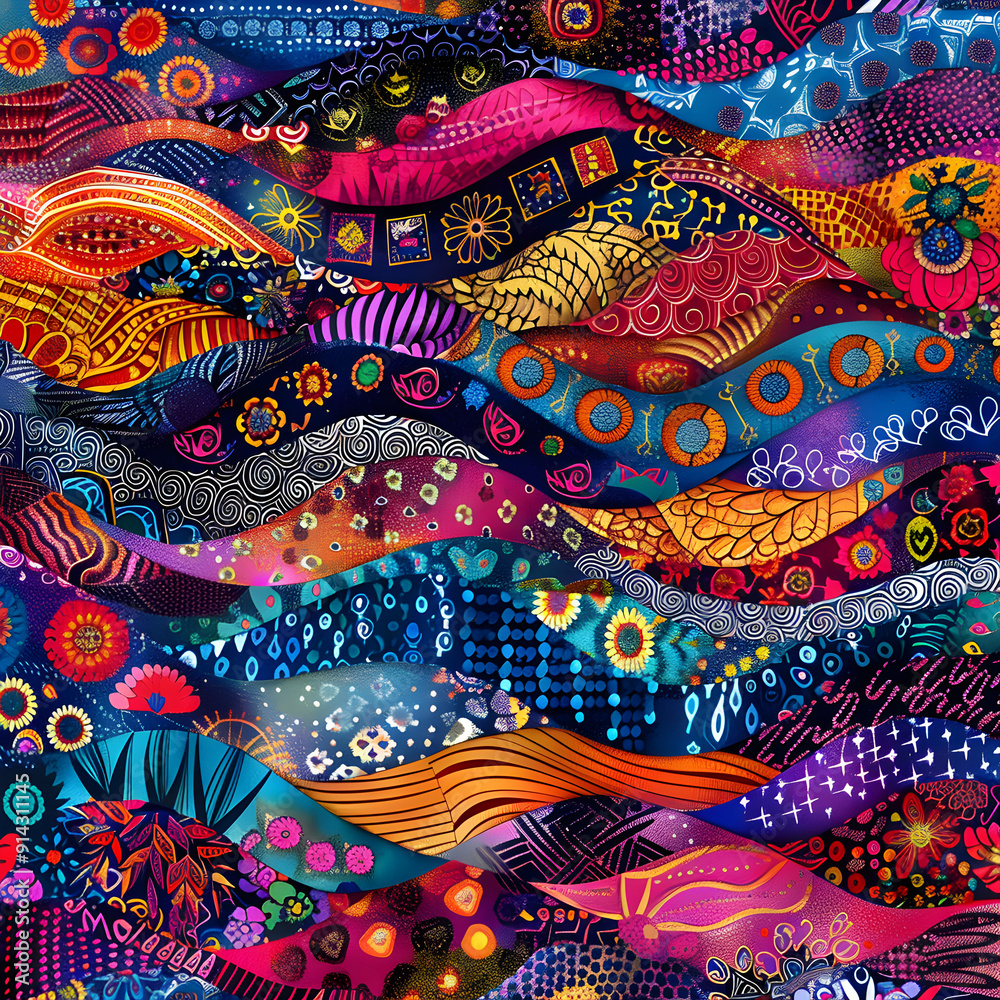 A colorful piece of art with many different patterns and shapes A colorful piece of art with many different patterns and shapes