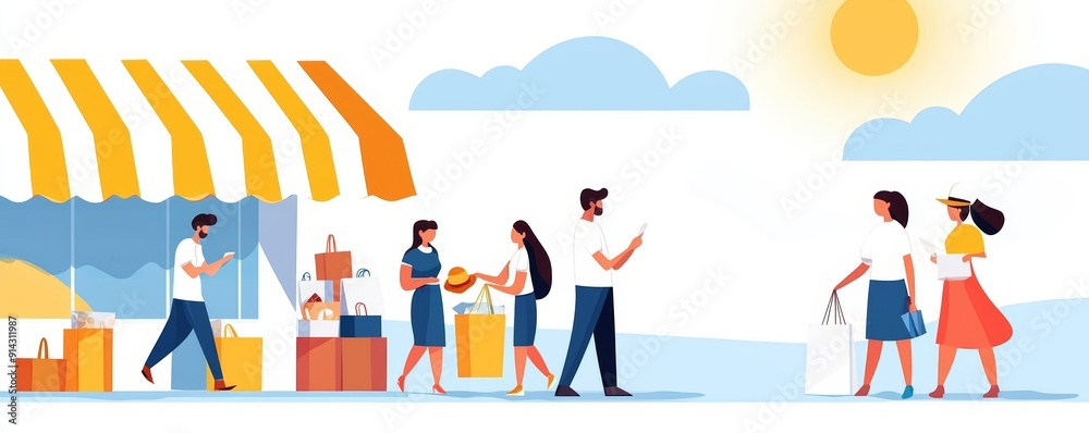 Labor Day flea market, people browsing items, flat design illustration Labor Day flea market, people browsing items, flat design illustration
