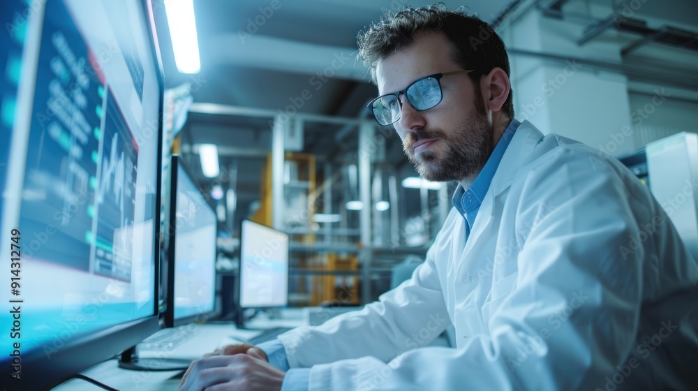 An environmental scientist analyzing air quality data and emissions in an environmental monitoring station. An environmental scientist analyzing air quality data and emissions in an environmental monitoring station.