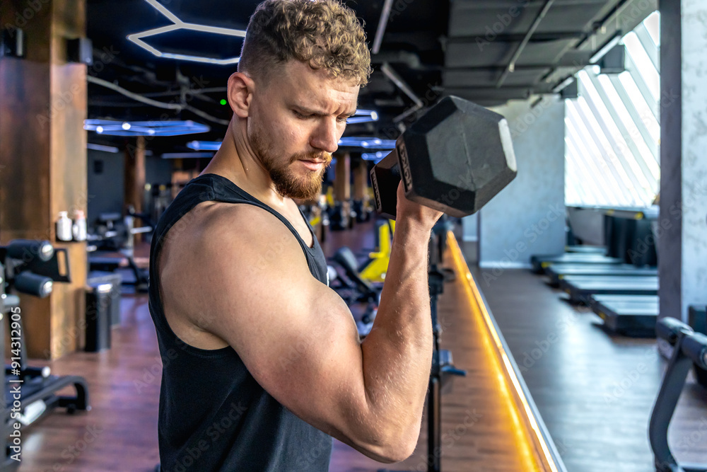 Athlete swings triceps with dumbbells in the gym. Healthy sports lifestyle. Athlete swings triceps with dumbbells in the gym. Healthy sports lifestyle.