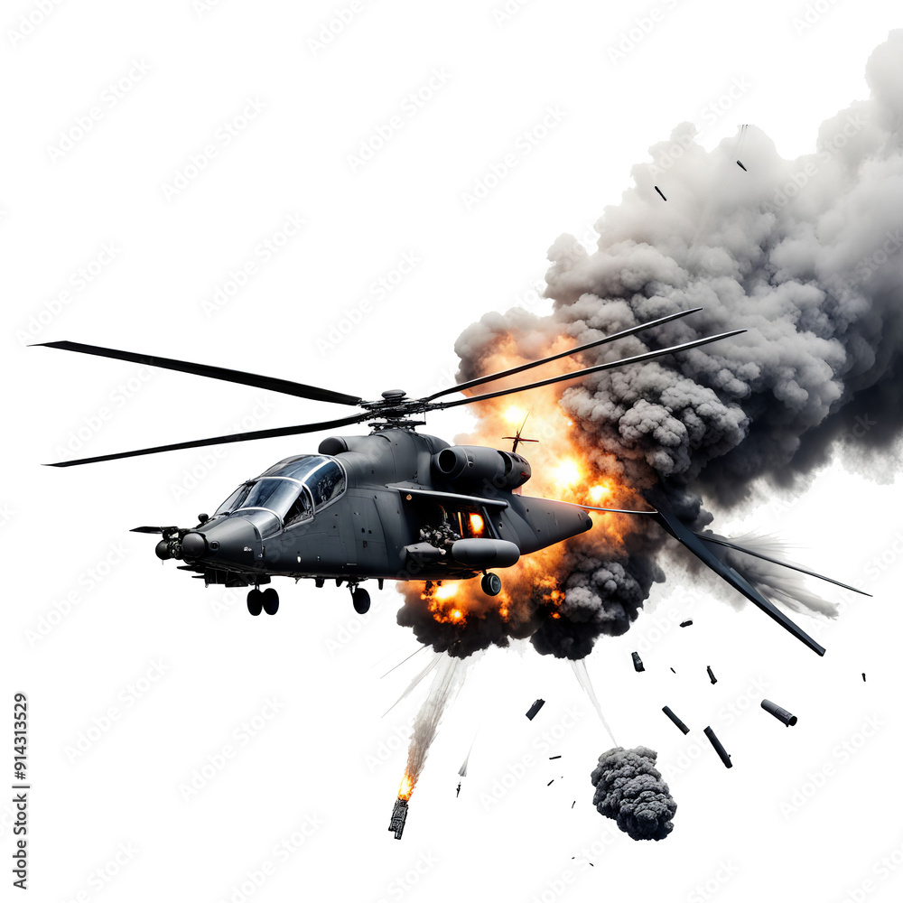 Exploded amilitary helicopter from a missile hit isolated on the transparent backgrrond